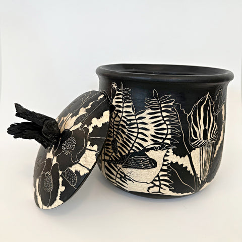 Black and white terra sigillata and sgraffito basket lidded jar with grape vine handle feat. poppies, birds, a snail and various plants, by Carolyn Blazeck at Cottage Curator - Sperryville VA Art Gallery