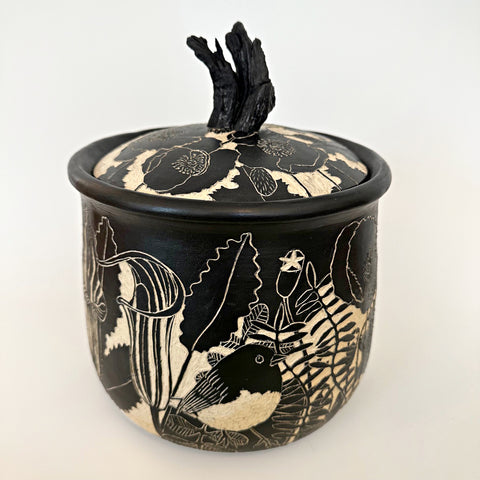 Black and white terra sigillata and sgraffito basket lidded jar with grape vine handle feat. poppies, birds, a snail and various plants, by Carolyn Blazeck at Cottage Curator - Sperryville VA Art Gallery