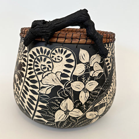 Black and white terra sigillata and sgraffito basket with pine needle edges and grape vine handles feat. a wood thrush, frog, mushrooms, and various other plants, by Carolyn Blazeck at Cottage Curator - Sperryville VA Art Gallery