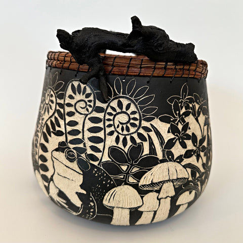 Black and white terra sigillata and sgraffito basket with pine needle edges and grape vine handles feat. a wood thrush, frog, mushrooms, and various other plants, by Carolyn Blazeck at Cottage Curator - Sperryville VA Art Gallery