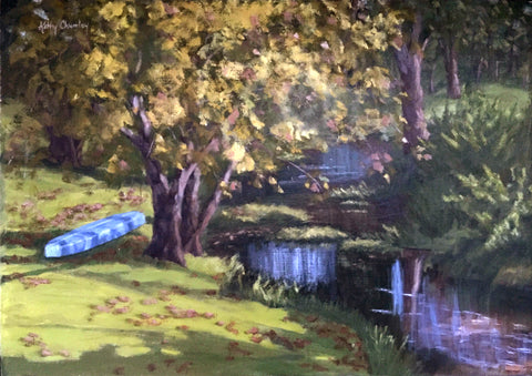 Landscape painting of creek with trees and a blue boat overturned near the edge of the water by Kathy Chumley at Cottage Curator - Sperryville, VA art gallery