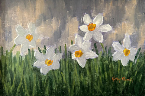 Painting of daffodils growing in the grass in front of a gray blue background by Kathy Chumley at Cottage Curator - Sperryville VA Art Gallery