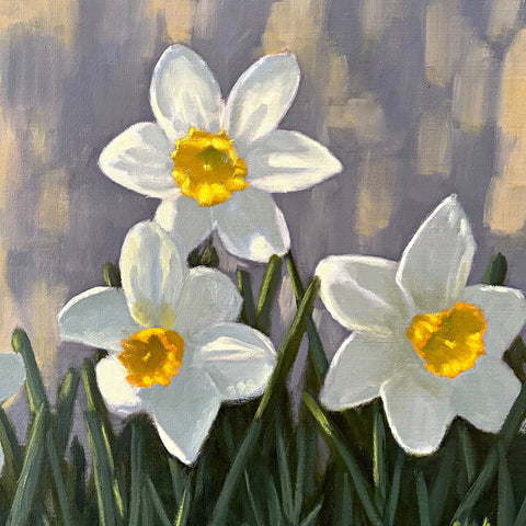 Detail of painting of daffodils growing in the grass in front of a gray blue background by Kathy Chumley at Cottage Curator - Sperryville VA Art Gallery