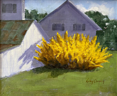 Painting of a large yellow forsythis bush beside a farmhouse by Kathy Chumley - Cottage Curator - Sperryville VA Art Gallery