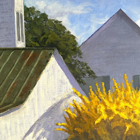 Detail of Painting of a large yellow forsythis bush beside a farmhouse by Kathy Chumley - Cottage Curator - Sperryville VA Art Gallery