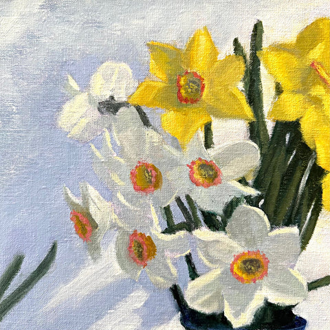 Detail of still life painting with two vases of jonquils in yellow, orange and white and a teacup in blues and whites by Kathy Chumley at Cottage Curator - Sperryville VA Art Gallery