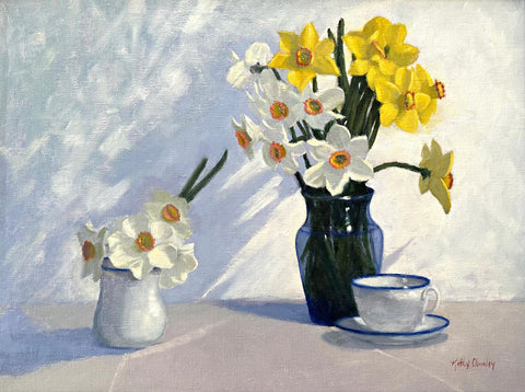 Still life painting with two vases of jonquils in yellow, orange and white and a teacup in blues and whites by Kathy Chumley at Cottage Curator - Sperryville VA Art Gallery