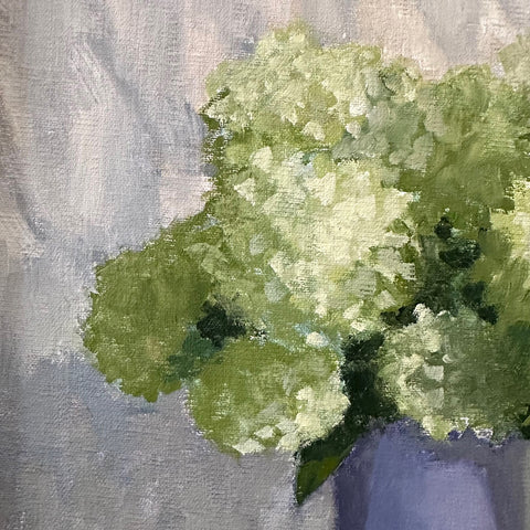 Detail of Still life painting of a blue vase of limelight green hydrangeas against a white cloth background by Kathy Chumley - Cottage Curator - Sperryville VA Art Gallery