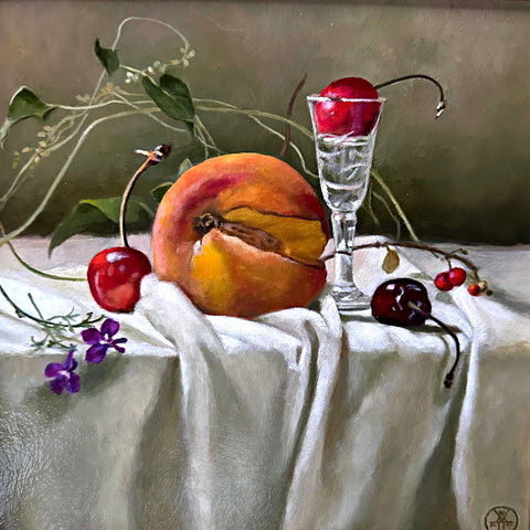 Still life painting with a cut peach, cherries and stems of lobelia arranged on a white tablecloth against an olive green background by Davette Leonard at Cottage Curator - Sperryville VA Art Gallery