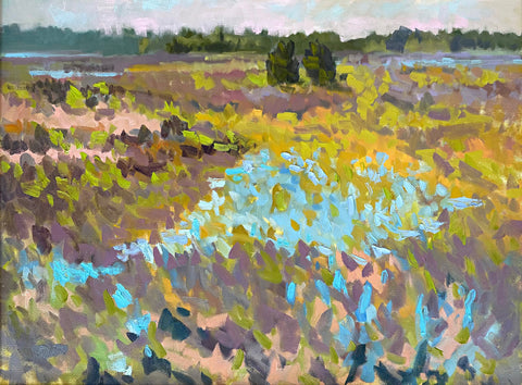 Landscape painting of marsh with blues, purples and ochres in the foreground by Priscilla Whitlock at Cottage Curator - Sperryville VA Art Gallery