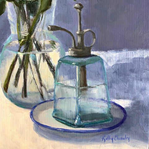 Detail of plant mister in still life painting of pink roses with baby's breath in a glass vase with a blue background by Kathy Chumley at Cottage Curator - Sperryville VA Art Gallery
