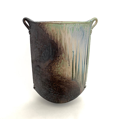 Back view of oval stoneware vessel with two handles in washed glazes of pastel blue, green and neutral browns and tans by Richard Aerni at Cottage Curator - Sperryville VA Art Gallery