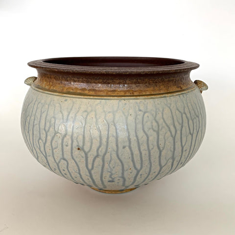 Stoneware planter with white and gray glazed body and brown top edge and handles by Richard Aerni at Cottage Curator - Sperryville VA Art Gallery