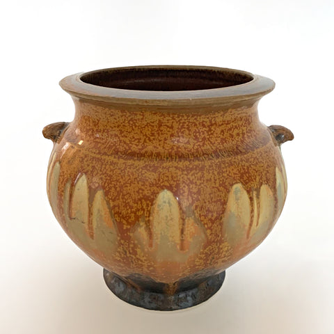 Back view of vessel with wide mouth and two handles glazed in ochre and gray with a dark brown interior by Richard Aerni at Cottage Curator - Sperryville VA Art Gallery