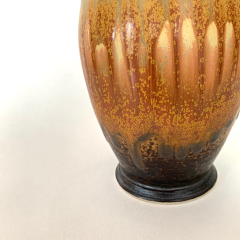 Detail of Stoneware vessel with wide brim around opening with rust, green, and black glazes by Richard Aerni - Cottage Curator - Sperryville VA Art Gallery