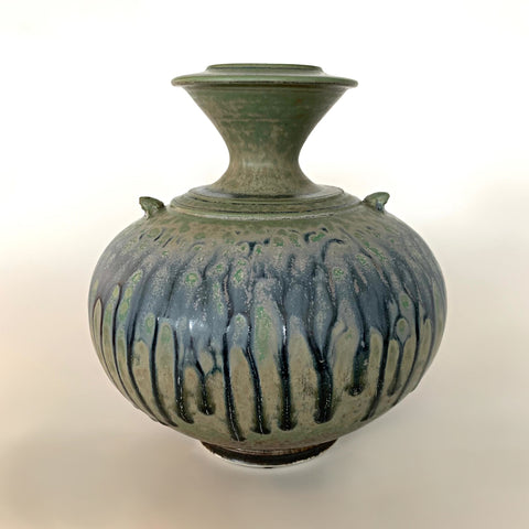 Stoneware ceramic vessel with two small handles and tapered neck with blue green glaze by Richard Aerni at Cottage Curator - Sperryville VA Art Gallery