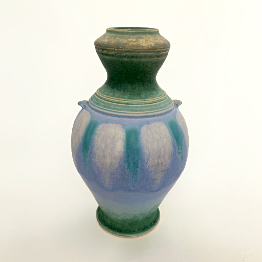 Symmetrical ceramic vessel with green upper and lower glazing and a center with blue and turquoise pattern with small handles by Richard Aerni at Cottage Curator - Sperryville VA Art Gallery