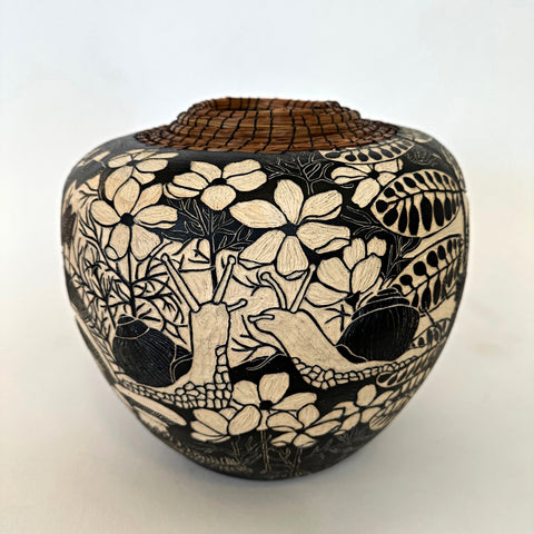 Black and white ceramic pot with sgraffito scene of snails, praying mantis and flowers by Carolyn Blazeck at Cottage Curator, Sperryville VA Art Gallery