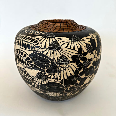 Black and white ceramic pot with sgraffito scene of beetles and flowers by Carolyn Blazeck at Cottage Curator, Sperryville VA Art Gallery