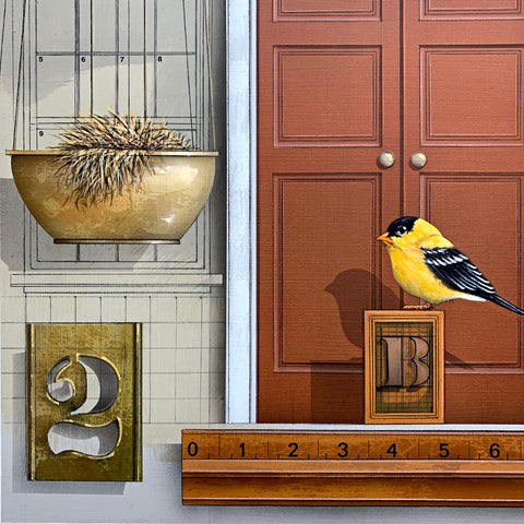 Detail of Bird House - a painting of two goldfinches perched in front of the door and window of a house with blue prints, a ruler and a block in the background - by artist James Carter at Cottage Curator - Sperryville VA Art Gallery