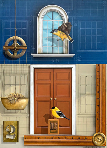 Bird House - a painting of two goldfinches perched in front of the door and window of a house with blue prints, a ruler and a block in the background - by artist James Carter at Cottage Curator - Sperryville VA Art Gallery