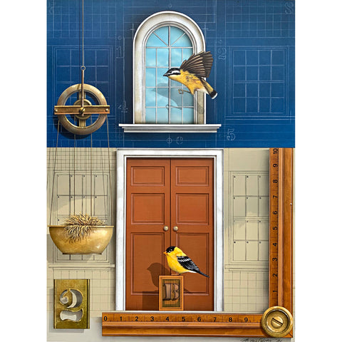 Bird House - a painting of two goldfinches perched in front of the door and window of a house with blue prints, a ruler and a block in the background - by artist James Carter at Cottage Curator - Sperryville VA Art Gallery