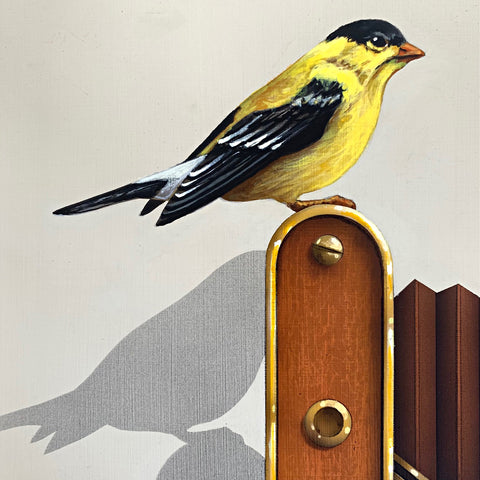 Detail of a painting of a goldfinch sitting atop an old-fashioned camera by James Carter at Cottage Curator - Sperryville VA Art Gallery