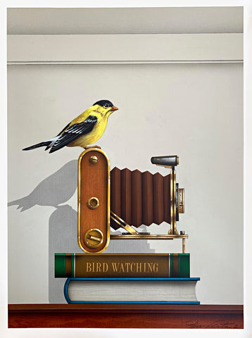 Painting of a goldfinch sitting atop an old-fashioned camera on top of a two books - one that says "Bird Watching" by James Carter at Cottage Curator - Sperryville VA Art Gallery