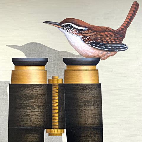 Detail of painting of a Carolina Wren perched atop a pair of antique binoculars by James Carter at Cottage Curator - Sperryville VA Art Gallery