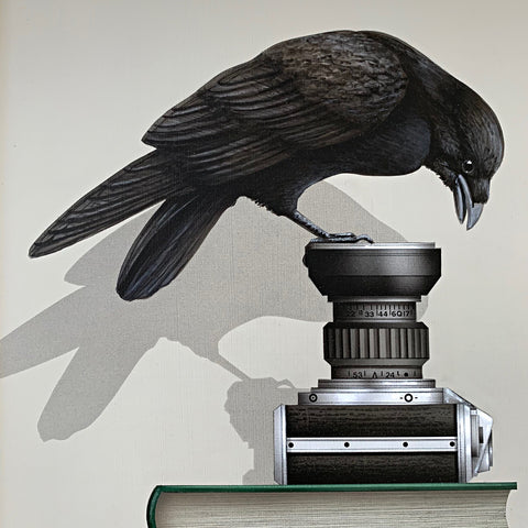 Detail of Still life painting of a raven sitting on the edge of a camera lens and looking in by James Carter at Cottage Curator - Sperryville VA Art Gallery