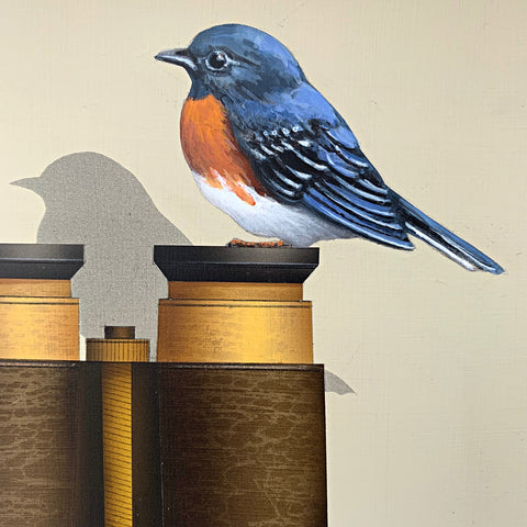 Detail of painting of Eastern Bluebird perched atop an old fashioned pair of binoculars on a wooden tabletop by James Carter at Cottage Curator - Sperryville VA Art Gallery