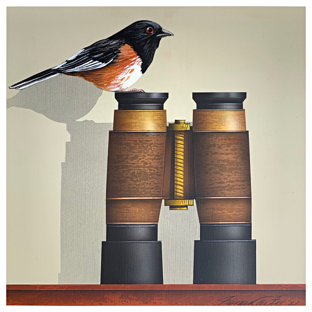 Painting of Eastern Towhee perched atop an old fashioned pair of binoculars on a wooden tabletop by James Carter at Cottage Curator - Sperryville VA Art Gallery