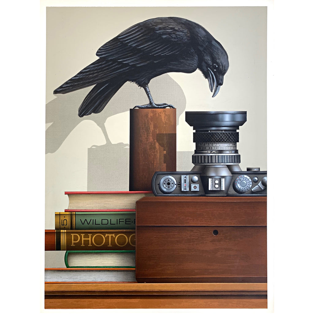 Painting of a bird atop a pile of books looking face to face with a camera lens set upon a wooden box by James Carter at Cottage Curator - Sperryville VA Art Gallery