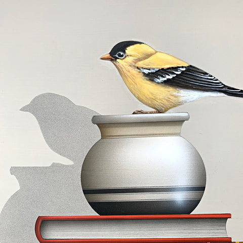 Detail of trompe l'oeil still life painting of a goldfinch seated atop a pot sitting on a stack of books, one titled Garden Birds, by James Carter at Cottage Curator - Sperryville VA Art Gallery