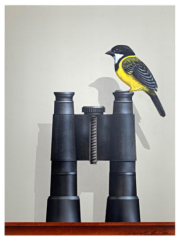 Painting with a Golden Whistler perched atop a pair of binoculars against a white background by James Carter at Cottage Curator - Sperryville VA Art Gallery