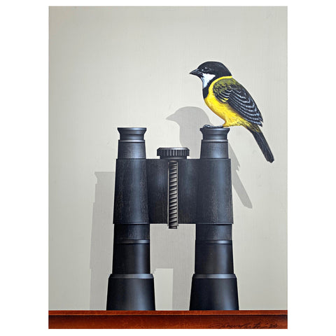 Painting of a Golden Whistler perched atop a pair of binoculars against a white background by James Carter at Cottage Curator - Sperryville VA Art Gallery