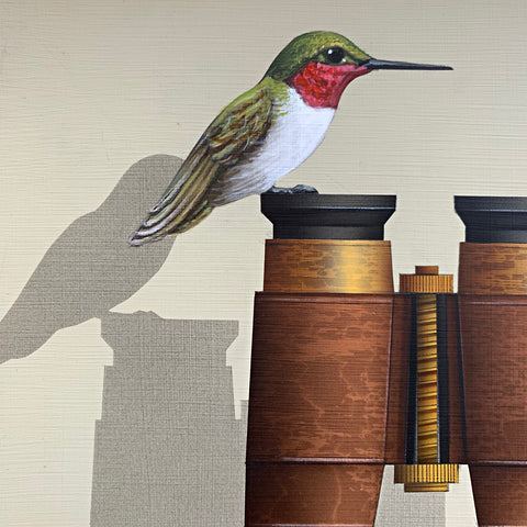 Detail of painting of a Ruby-throated hummingbird perched atop a pair of binoculars against a white background by James Carter at Cottage Curator - Sperryville VA Art Gallery