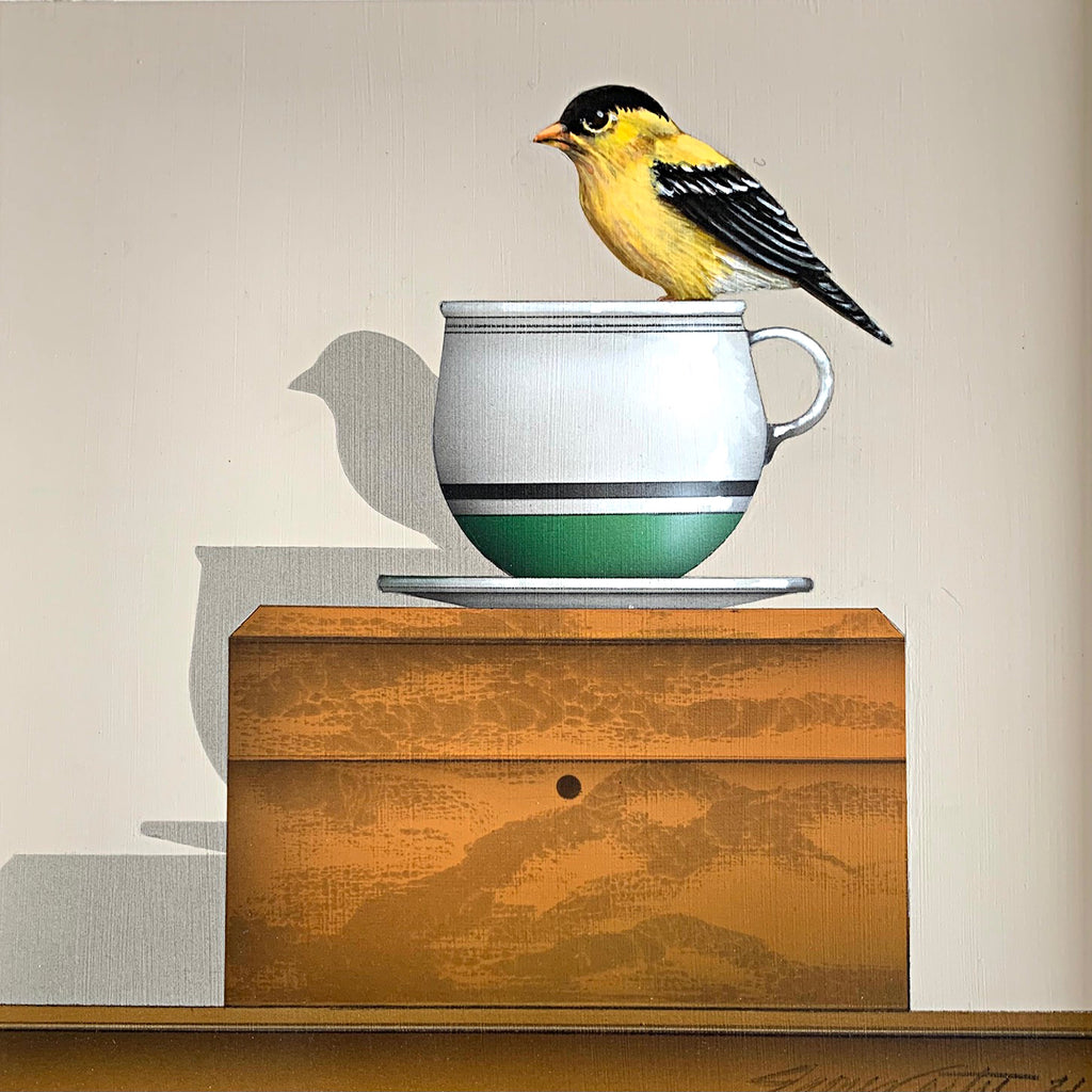 Sitting Pretty - painting of a goldfinch perched on the rim of a teacup sitting atop a wooden box - by artist James Carter at Cottage Curator - Sperryville VA Art Gallery