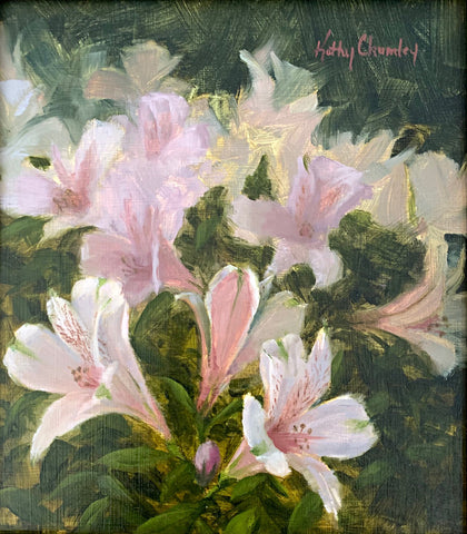 Painting of pink alstroemeria against a green background by Kathy Chumley at Cottage Curator - Sperryville VA Art Gallery 