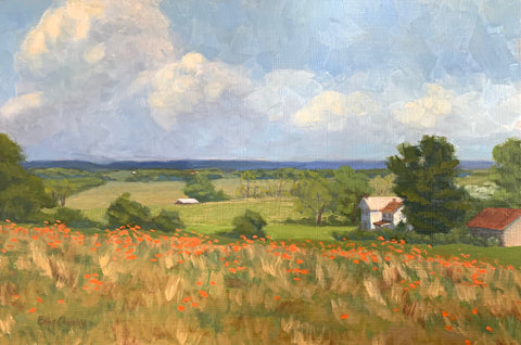 Landscape painting of Blue Ridge Mountains with farm and field of poppies in the foreground by Kathy Chumley at Cottage Curator - Sperryville VA Art Gallery