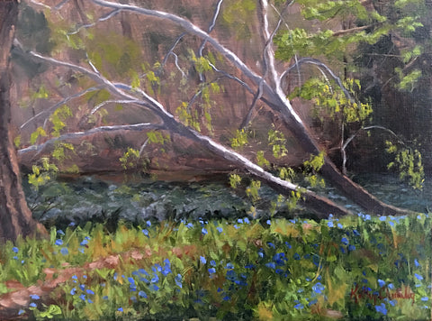 Forest scene painting of bluebell flowers with sycamore trees above by Kathy Chumley