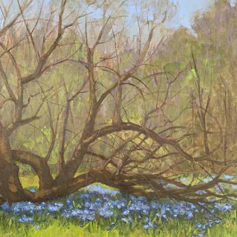 Detail of Oil painting of landscape with budding tree and blue wildflowers in the foreground with forest behind by Kathy Chumley at Cottage Curator - Sperryville VA Art Gallery