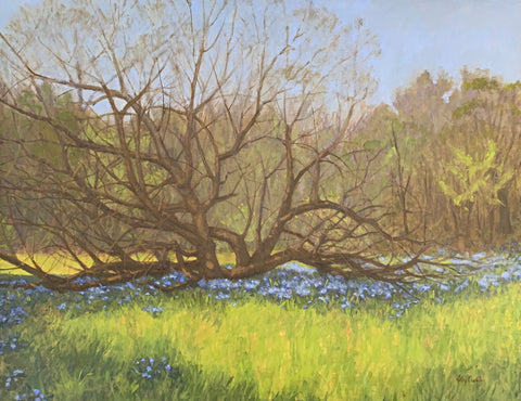 Oil painting of landscape with budding tree and blue wildflowers in the foreground with forest behind by Kathy Chumley at Cottage Curator - Sperryville VA Art Gallery