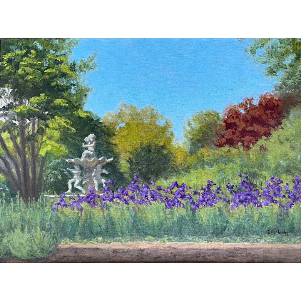Oil painting of garden with water fountain and purple irises at Griffin Tavern by Kathy Chumley at Cottage Curator - Sperryville VA Art Gallery