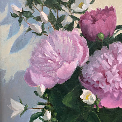 Detail of Still life painting of pink peonies and white mock orange blossoms in a vase by Kathy Chumley at Cottage Curator - Sperryville VA Art Gallery