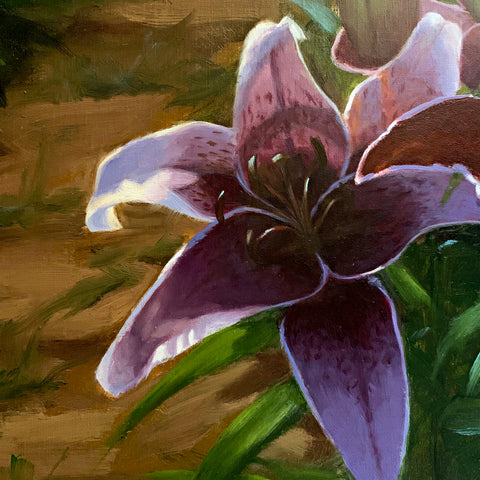 Detail of Oil painting of pink stargazer lilies blooming, growing in a garden row by Kathy Chumley at Cottage Curator - Sperryville VA Art Gallery