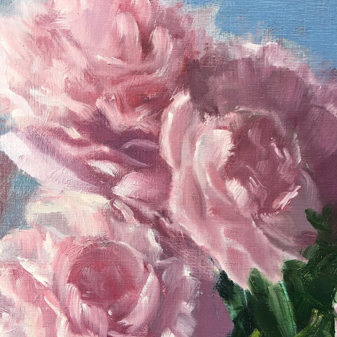 Detail of oil painting of pink peonies in a vase with blue background by Kathy Chumley at Cottage Curator art gallery in Sperryville VA