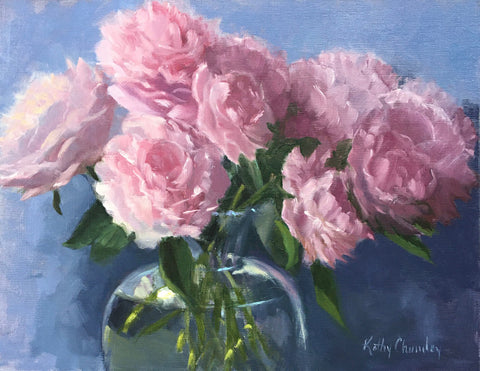 Oil painting of pink peonies in a vase with blue background by Kathy Chumley at Cottage Curator art gallery in Sperryville VA