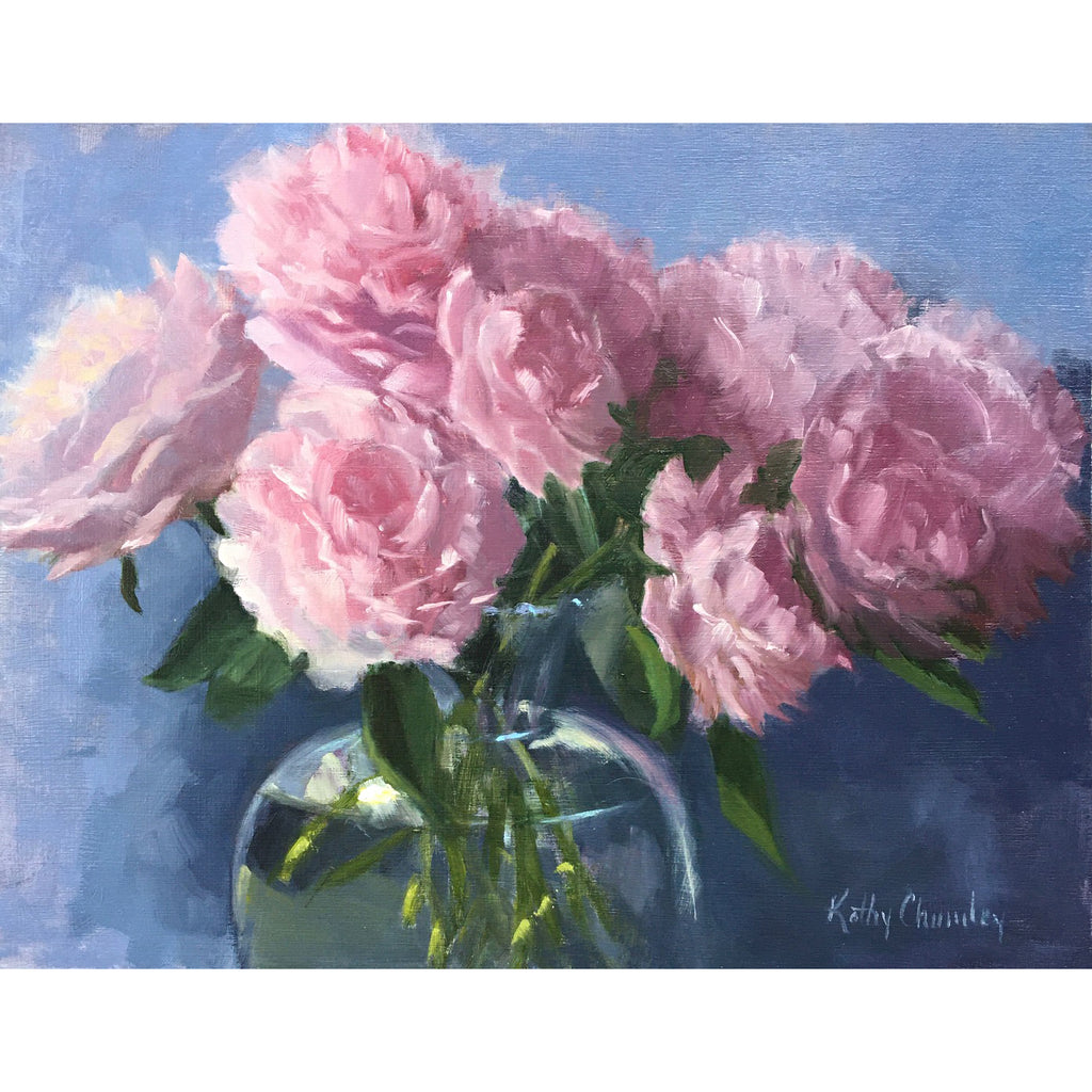 Oil painting of pink peonies in a vase with blue background by Kathy Chumley at Cottage Curator art gallery in Sperryville VA