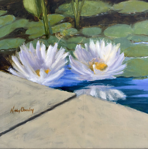 Detail of Oil painting of waterlilies in a pond by Kathy Chumley at Cottage Curator art gallery Sperryville VA
